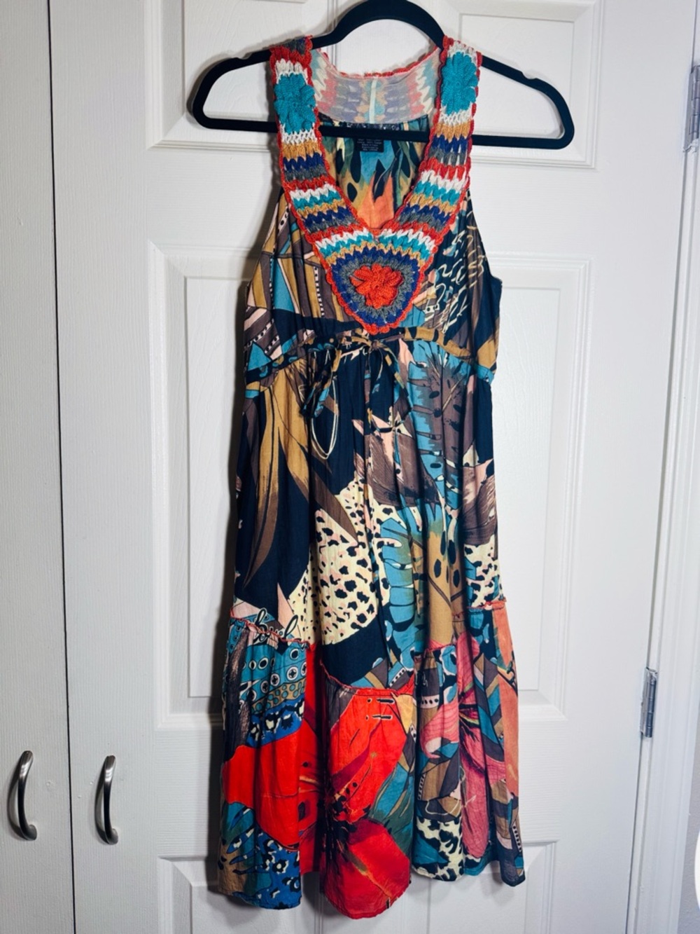 Desigual Multicolor Crochet-Trim Midi Dress with Teal and Coral Accents